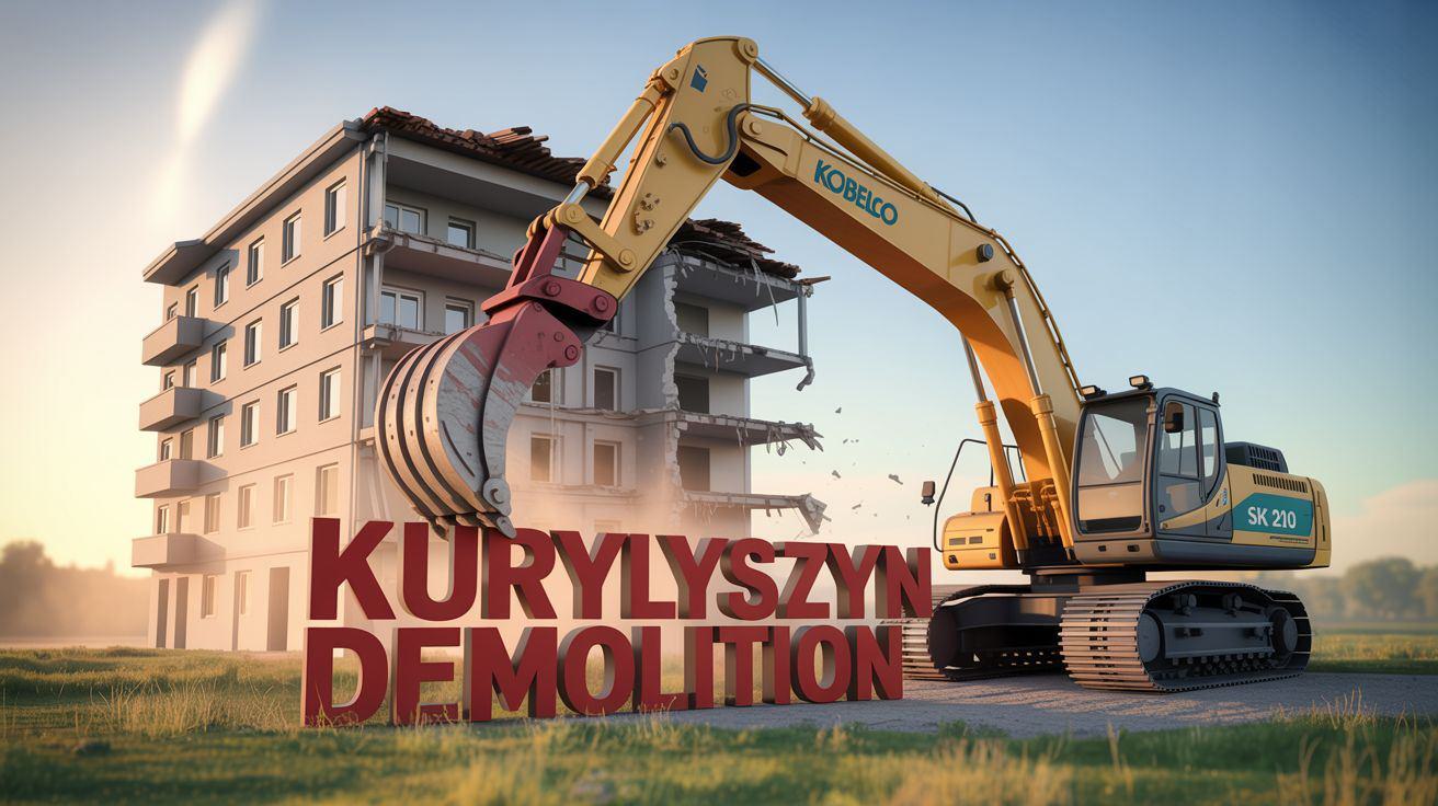 Kobelco Bagger greift nach dem Logo Kurylyszyn Demolition